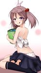  :q animal animal_on_head back bare_shoulders black_legwear blush bucket bunny bunny_on_head food_print hair_bobbles hair_ornament highres kantai_collection long_hair looking_at_viewer looking_back object_hug on_head panties pink_eyes pink_hair print_panties purple_eyes sazaki_hiyoru sazanami_(kantai_collection) school_uniform serafuku shirt sitting skirt solo strawberry_panties strawberry_print tongue tongue_out torn_clothes torn_shirt torn_skirt twintails underwear wariza 