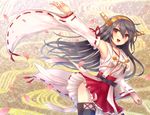  armpits bad_id bad_pixiv_id black_hair boots buritaku detached_sleeves hairband haruna_(kantai_collection) headgear japanese_clothes kantai_collection long_hair nontraditional_miko petals red_eyes red_skirt skirt solo thigh_boots thighhighs wide_sleeves 