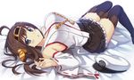  :o bad_id bad_pixiv_id black_legwear blue_eyes boots brown_hair chestnut_mouth detached_sleeves frilled_skirt frills hat headgear kantai_collection knees_together_feet_apart kongou_(kantai_collection) looking_at_viewer lying nontraditional_miko on_back peach_(momozen) peaked_cap ribbon-trimmed_sleeves ribbon_trim skirt solo thigh_boots thighhighs 