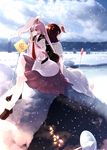  animal_ears breath bunny_ears cloud cloudy_sky dress dress_shirt frozen_lake highres inaba_tewi long_hair long_sleeves looking_at_viewer looking_back multiple_girls necktie outdoors pleated_skirt purple_hair red_eyes red_neckwear reisen_udongein_inaba road_sign ryuu_(tsukinoyuki) scarf shirt shoes sign sitting skirt skirt_set sky smile snow snowing thighhighs touhou very_long_hair white_legwear white_shirt winter 
