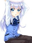  :o animal animal_on_head arms_up blue_eyes blue_hair blush gochuumon_wa_usagi_desu_ka? hair_ornament hairclip kafuu_chino long_hair looking_at_viewer maruki_(punchiki) on_head open_mouth rabbit_house_uniform sitting solo tippy_(gochiusa) white_background x_hair_ornament 