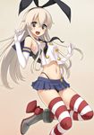  absurdres black_eyes blonde_hair crop_top crop_top_overhang elbow_gloves gloves hairband highleg highleg_panties highres jumping kantai_collection kuri_(kurigohan) long_hair looking_at_viewer microskirt open_mouth panties sailor_collar shimakaze_(kantai_collection) shiny shiny_skin skindentation skirt smile solo striped striped_legwear thighhighs underwear 