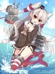  :d amatsukaze_(kantai_collection) ameto_yuki artist_name black_panties blush brown_eyes choker dress fang garter_straps gloves kantai_collection long_hair looking_at_viewer o_o ocean open_mouth panties red_legwear rensouhou-kun sailor_dress short_dress silver_hair single_glove smile striped striped_legwear underwear water white_gloves 