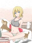  bad_id bad_pixiv_id barefoot blonde_hair blue_eyes dachshund erica_hartmann grey_panties highres indian_style navel panties pillow short_hair sitting sketch smile solo strike_witches suto_(iamsuto) underwear world_witches_series 