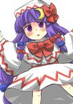  blush bow cosplay gaoo_(frpjx283) hair_bow hat highres lily_white lily_white_(cosplay) patchouli_knowledge purple_eyes purple_hair solo touhou white_background 