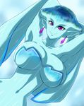  armpits arms_up big_breasts breasts bursting_breasts cleavage clothed clothing ear_piercing earrings exhibitionism female fish_girl huge_breasts jewelry large_breasts looking_at_viewer midriff monster_girl navel nintendo nude piercing princess_ruto purple_eyes raised_arm smile solo the_legend_of_zelda the_legend_of_zelda:_ocarina_of_time video_games water wet zelda_musou zora 