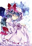  blue_hair closed_eyes dress ginzuki_ringo hat highres pointy_ears remilia_scarlet ribbon short_hair sleeping smile solo touhou 