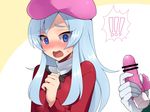  1boy 1girl bad_id bad_pixiv_id beret blue_eyes blue_hair blush dildo gloves happinesscharge_precure! hat hosshiwa light_blue_hair long_hair looking_at_viewer mogiki_hayami namakeruda open_mouth pink_hat precure solo_focus vibrator 