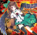  arm_cannon black_legwear black_wings bow brown_hair feathered_wings hair_bow long_hair pekopokox radiation_symbol red_eyes reiuji_utsuho solo thighhighs touhou weapon wings 