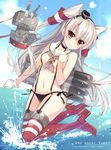  amatsukaze_(kantai_collection) ameto_yuki artist_name black_panties blush breasts brown_eyes choker embarrassed fang garter_straps gloves kantai_collection long_hair looking_at_viewer medium_breasts navel o_o ocean panties red_legwear rensouhou-kun side-tie_panties silver_hair single_glove striped striped_legwear thighhighs topless underwear water wavy_mouth white_gloves 