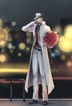  absurdres bad_id bad_pixiv_id belt black_hair bouquet cellphone chain flower hat highres jojo_no_kimyou_na_bouken kuujou_joutarou linjie long_coat male_focus phone smartphone solo 