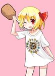  alternate_costume blonde_hair blush boned_meat eluthel food hair_ribbon looking_at_viewer meat monster_hunter one_eye_closed open_mouth red_eyes ribbon rumia short_hair simple_background smile solo thighhighs touhou white_legwear 