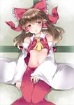  after_masturbation bad_id bad_pixiv_id blush bow brown_eyes brown_hair detached_sleeves hair_bow hair_tubes hakurei_reimu hammer_(sunset_beach) long_hair lying midriff navel on_back pussy_juice solo sweat touhou 