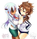  2girls blush breast_press breasts brown_hair character_request cleavage eyepatch fudou_akio genda_koujirou genderswap hakuryuu_(inazuma_eleven) huge_breasts inazuma_eleven inazuma_eleven_(series) long_hair moegi_(honey_122) multiple_boys multiple_girls necktie older pencil_skirt ponytail red_eyes sakuma_jirou short_shorts shorts silver_hair skirt sweat symmetrical_docking 