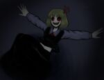  black_dress black_eyes blonde_hair bow dress evil evil_eyes evil_grin evil_smile glowing glowing_eyes grey_sleeves grin outstretched_arms red_bow red_eyes revenge_(vengerezn) rumia smile teeth touhou 
