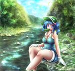  alternate_costume bare_shoulders blue_eyes blue_hair blue_sky breasts cloud cloudy_sky collarbone cucumber day denim denim_shorts food forest gloves hair_bobbles hair_ornament hat kawashiro_nitori key landscape large_breasts leaf mouth_hold nature outdoors path river road rock satoji_(ochanomkmskry) scenery short_hair shorts sitting sitting_on_rock sky soaking_feet solo tank_top touhou tree two_side_up water white_gloves 
