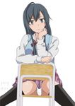  artist_name black_hair black_legwear chair chin_rest dated hand_on_own_chin long_hair panties pantyshot pantyshot_(sitting) school_uniform simple_background sitting sitting_backwards skirt solo thighhighs underwear upskirt white_background white_panties yahari_ore_no_seishun_lovecome_wa_machigatteiru. yossy_(asd_456) yukinoshita_yukino 