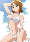  bikini breasts brown_eyes brown_hair day happinesscharge_precure! looking_at_viewer manji_(tenketsu) medium_breasts oomori_yuuko precure short_hair side-tie_bikini sketch smile solo swimsuit white_bikini 