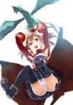  armpits blurry breastplate brown_hair commentary_request depth_of_field detached_sleeves dragon fingerless_gloves from_below gloves hair_ornament panties pantyshot pina_(sao) red_eyes red_gloves silica solo sword_art_online twintails underwear white_panties yuugen 