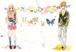  1girl bug butterfly glasses hibi_chouchou insect kawasumi_(hibi_chouchou) long_hair orange_hair pink_hair school_uniform shibazeki_suiren shiratsuyu short_hair 