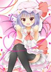  ascot bad_id bad_pixiv_id bat_wings black_legwear blue_hair bow fang hair_bow hat highres maccha red_eyes remilia_scarlet short_hair solo thighhighs touhou wings 