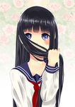  bangs black_hair blue_eyes blunt_bangs blush flower kurei_mamoru long_hair original school_uniform solo 