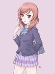  bag blazer blush hair_twirling jacket looking_at_viewer love_live! love_live!_school_idol_project nishikino_maki open_mouth otonokizaka_school_uniform purple_eyes red_hair school_bag school_uniform short_hair simple_background skirt solo yoshikawa_kazunori 