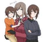  3girls blush brown_eyes brown_hair closed_mouth crossed_arms eyebrows_visible_through_hair girls_und_panzer if_they_mated kuromorimine_military_uniform long_hair mother_and_daughter multiple_girls nishizumi_maho shimada_chiyo short_hair silver_hair simple_background uniform upper_body white_background yuri yuuhi_(arcadia) 