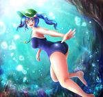  :d ass back bare_legs bare_shoulders barefoot blue_eyes blue_hair blush breasts bubble cabbie_hat competition_school_swimsuit coral_reef fish floating_hair freediving hair_bobbles hair_ornament hat kawashiro_nitori key landscape large_breasts light_rays light_trail looking_back nature one-piece_swimsuit open_mouth outstretched_arm reaching satoji_(ochanomkmskry) scenery school_swimsuit shiny shiny_clothes short_hair smile solo submerged sunbeam sunlight swimming swimsuit touhou two_side_up underwater wet wet_clothes 