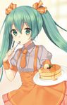  :t anna_miller aqua_eyes aqua_hair eating food fork hair_between_eyes hair_ribbon hatsune_miku holding long_hair looking_at_viewer midorikawa_you necktie orange_neckwear orange_skirt pancake polka_dot polka_dot_background ribbon short_necktie skirt solo suspenders twintails vocaloid waitress wrist_cuffs 