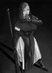  black_boots black_hood boots elbow_gloves elden_ring elden_ring_nightreign flanged_mace full_body gloves greyscale hand_up highres holding holding_mace holding_weapon licking licking_hand looking_to_the_side luwdd mace monochrome mouth_tentacles nun pelvic_curtain simple_background standing tentacles undertaker_(elden_ring) weapon white_coif 