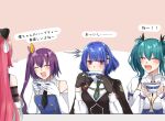  4girls :d ^_^ aqua_hair assault_lily bare_shoulders between_breasts black_cape black_necktie black_ribbon black_vest blue_hair blush bow breasts brown_gloves buttons cape closed_eyes collared_shirt commentary covered_mouth cup drinking elbow_gloves facing_away gloves green_necktie hair_between_eyes hair_ornament hair_ribbon hairpods hands_up holding holding_cup iwaya_kukuri juliet_sleeves kawanabe_nazuna large_breasts leaf_hair_ornament long_hair long_sleeves looking_ahead lower_teeth_only medium_breasts medium_hair multiple_girls necktie necktie_between_breasts newtype_flash nigari_(ngari_0115) odaiba_girls_high_school_uniform open_mouth orange_ribbon pink_background pink_eyes puff_of_air puffy_sleeves purple_bow purple_hair red_hair ribbon school_uniform shiba_tomoshibi shirt short_hair short_necktie side_ponytail sleeve_bow sleeveless sleeveless_shirt sleeves_past_wrists smile suzuki_chinami sweatdrop table tea teacup teeth translated twintails two-tone_background two-tone_shirt upper_body v-shaped_eyebrows vest white_background white_gloves white_shirt 