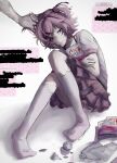  1boy 1girl abuse animal_ear_legwear artist_name averting_eyes bra_strap casual cat_ear_legwear censored censored_text commentary crumpled_paper crying crying_with_eyes_open curled_up damaged dialogue_box disembodied_hand doki_doki_literature_club eyelashes faceless faceless_male father_and_daughter frilled_skirt frills glitch gloom_(expression) grabbing_another's_hair grimace guru_dayo_3 hair_ornament hair_ribbon highres holding holding_another's_hair holding_manga hugging_object kneehighs knees_up manga_(object) messy_hair natsuki_(doki_doki_literature_club) on_ground parted_lips pigeon-toed pink_eyes pink_hair pink_skirt pink_trim purple_ribbon ribbon shadow shirt short_hair short_sleeves signature sitting skirt socks solo_focus swept_bangs t-shirt tears torn_paper translated twitter_username unhappy white_shirt white_socks x_hair_ornament 