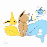 absurd_res after_sex anus black_nose blue_body blue_tail bodily_fluids brown_body brown_ears brown_fur brown_tail butt censored censored_anus censored_genitalia censored_vulva cum cum_in_ass cum_in_vagina cum_inside eevee eeveelution female feral fur generation_1_pokemon genital_fluids genitals group hi_res jolteon looking_at_viewer looking_back looking_back_at_viewer moudefo nintendo pawpads paws pokemon pokemon_(species) saliva tail tears trio vaporeon vulva white_body white_fur yellow_body yellow_ears yellow_fur