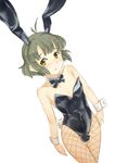  akizuki_ryou animal_ears bow bowtie brown_hair bulge bunny_ears bunny_tail bunnysuit collar dutch_angle eyebrows_visible_through_hair fishnets idolmaster idolmaster_dearly_stars leotard looking_at_viewer male_focus namidate open_mouth otoko_no_ko penis penis_under_clothes simple_background solo tail testicles white_background wrist_cuffs yellow_eyes 