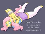  2013 abducted abduction anthro anthrofied basketgardevoir bdsm blue_eyes blush bondage bound bridle clothing english_text equine female fluttershy_(mlp) friendship_is_magic gag hair legwear lying mammal my_little_pony pegasus pink_hair plain_background rope shirt skirt solo stockings tape text wings 