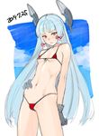  bikini blush breasts dated front-tie_bikini front-tie_top gloves headgear highres kantai_collection long_hair micro_bikini murakumo_(kantai_collection) navel red_bikini red_eyes silver_hair sketch small_breasts solo standing swimsuit tetsu_(kimuchi) very_long_hair 