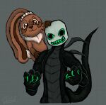 anthro black_body blushcrunch_studio brown_body brown_fur carrying_another claws cocoa_(dandy's_world) creepy_smile crossover dandy's_world deidad_dissitum die_of_death duo female fur headpat hi_res humanoid_teeth invalid_tag lagomorph leporid looking_at_viewer male male/female mammal neck_tuft on_shoulder pursuer_(die_of_death) rabbit roblox robloxian smile toon_(dandy's_world) tuft unknown_species white_head