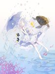  angelfish bare_shoulders barefoot bubble closed_eyes clownfish dress itsuki_(s2_129) original sea_turtle short_hair silver_hair solo turtle umbrella underwater water 