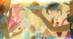  1girl 4boys beer_mug black_hair blue_nose brown_fur cup eating food from_side green_hair hat hhyy090 highres holding holding_food holding_plate indoors long_nose monkey_d._luffy mug multiple_boys nami_(one_piece) one_piece open_mouth orange_hair pink_hat plate profile reindeer_boy roronoa_zoro scar scar_on_cheek scar_on_face sharp_teeth shirt short_hair teeth tony_tony_chopper twitter_username upper_body usopp white_shirt 
