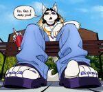 2025 5_toes anthro bench clothing colored_fingernails colored_nails colored_toenails domestic_cat eyebrows feet felid feline felis fingernails foot_focus footwear humanoid_feet looking_at_viewer low-angle_view mammal margarine_(silverscarf) micro_pov nails outside plantigrade platform_footwear platform_sandals raised_eyebrow sandals shoes silverscarf toenails toes turkish_angora