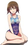  bad_id bad_pixiv_id blush brown_eyes brown_hair competition_swimsuit covered_navel looking_at_viewer miyafuji_yoshika navel one-piece_swimsuit open_mouth short_hair sitting solo strike_witches suisen_toire_(moko924) swimsuit wariza wet white_background world_witches_series 