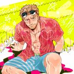  bad_id bad_pixiv_id beard blonde_hair blue_eyes eyewear_on_head facial_hair gloves jojo_no_kimyou_na_bouken joseph_joestar male_focus muscle open_clothes open_shirt oreha00701 shirt shorts solo summer sunglasses 