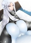  1girl aila_jyrkiainen ass back bed bodysuit cameltoe female from_behind gundam gundam_build_fighters long_hair looking_at_viewer ogura_anko open_mouth parted_lips silver_eyes silver_hair solo 