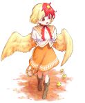  1girl :d animal arms_behind_back ascot baby_animal bird blonde_hair boots brown_boots capelet chick chicken_girl full_body kahayu4 medium_hair multicolored_hair niwatari_kutaka open_mouth orange_skirt red_ascot red_eyes red_hair rooster_tail shirt short_sleeves skirt smile solo touhou two-tone_hair white_background white_shirt yellow_capelet yellow_wings 