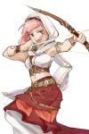  1girl armor armpits arrow_(projectile) bare_shoulders beads belt bow_(weapon) bracelet braid brown_eyes cloak commentary_request crop_top determined drawing_bow floating_hair gold_armor gold_belt gold_bracelet hair_beads hair_ornament hairband highres holding holding_arrow holding_bow_(weapon) holding_weapon hongcha_pi hood hood_up hooded_cloak infinity_nikki jewelry knee_up layered_shirt long_skirt looking_to_the_side midriff multicolored_hairband multiple_bracelets navel nikki_(nikki) nikki_(series) pink_hair pleated_skirt purifying_wind_(infinity_nikki) red_shirt red_skirt shirt short_hair side_braid simple_background single_braid skirt sleeveless sleeveless_shirt solo weapon white_background white_cloak white_shirt white_skirt 