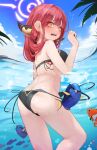  1girl @_@ absurdres aru_(blue_archive) ass back bikini black_bikini blue_archive blunt_bangs blush fish halo hand_up highres long_hair looking_at_viewer milktea_wegan partially_underwater_shot pink_hair side-tie_bikini_bottom surprised swimsuit tearing_up yellow_eyes 