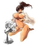  blue_eyes breasts brown_hair electric_fan gond highres kaga_(kantai_collection) kantai_collection large_breasts open_clothes open_shirt panties shirt side_ponytail sitting solo sweat underwear wariza white_background white_panties 