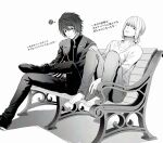  2boys barefoot bench black_gloves black_jacket black_pants black_shirt black_vest commentary_request cosplay costume_switch crossed_legs death_note denim foot_out_of_frame gloves greyscale hair_between_eyes highres jacket jeans l_(death_note) l_(death_note)_(cosplay) low_ponytail male_focus mello_(death_note) mello_(death_note)_(cosplay) monochrome multiple_boys no_eyebrows pants parted_lips ponytail shirt sitting space_youkai squiggle vest white_shirt zipper_pull_tab 