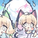 0_0 2girls animal_ear_headphones animal_ears aqua_coat aqua_mittens black_tail blonde_hair blue_archive blush_stickers bow cat_ear_headphones cat_ears cat_tail chibi chibi_only coat comedic_sweatdrop commentary_request fake_animal_ears fake_tail green_halo hair_bow halo headphones highres long_sleeves low-tied_sidelocks midori_(blue_archive) midori_(winter)_(blue_archive) mittens momoi_(blue_archive) momoi_(winter)_(blue_archive) multicolored_coat multiple_girls official_alternate_costume open_mouth outdoors pink_halo pink_mittens purple_coat scarf siblings sidelocks sisters snow snow_on_head snowball tail tareme teardrop twins white_coat white_scarf winter winter_clothes winter_coat yuuhikureroom6 